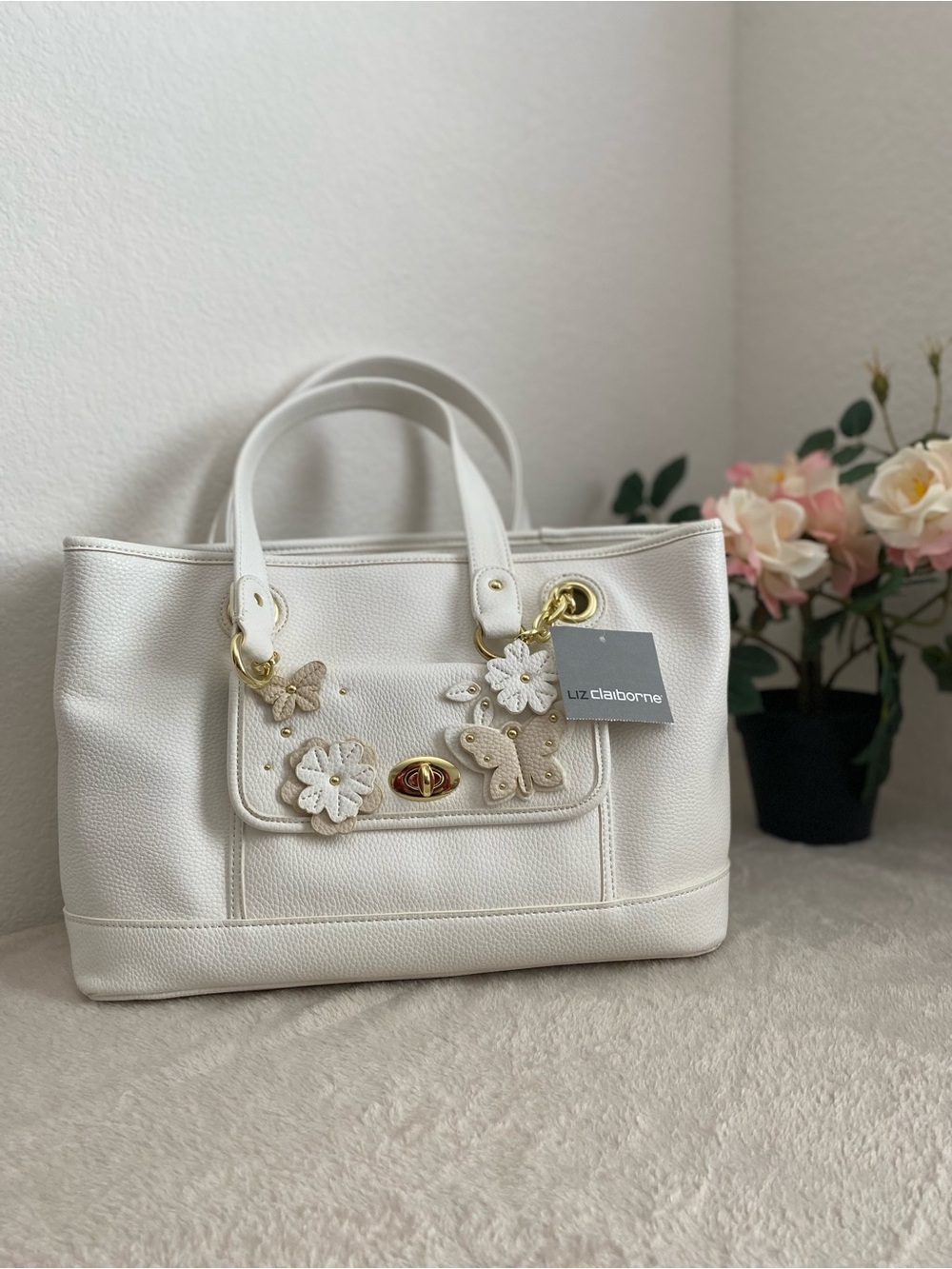 Liz Claiborne White Floral & Butterfly Tote with Gold Hardware